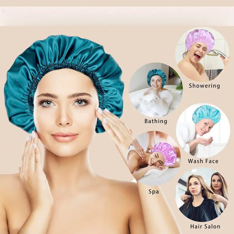 Shower Caps for Women, 4 PCS Elastic and Reusable Bath Caps, Double Waterproof Layers Shower Cap, Bathing Shower Caps, Environmental Protection Hair Bath Hat - Solid Color