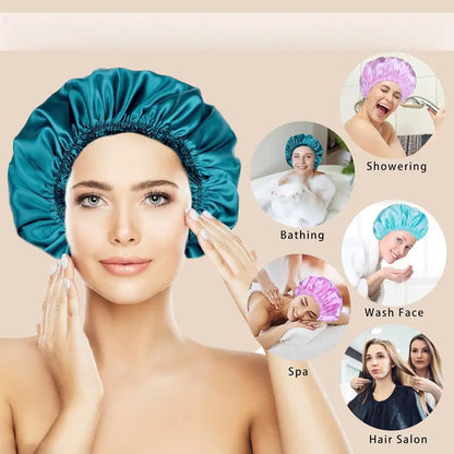 Shower Caps for Women, 4 PCS Elastic and Reusable Bath Caps, Double Waterproof Layers Shower Cap, Bathing Shower Caps, Environmental Protection Hair Bath Hat - Solid Color