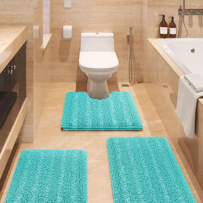 Comfydew Striped 3-Piece Non-Slip Chenille Bathroom Rug Set, Non-Slip PVC Backing Adds Safety, Ultra Soft Deep Pile Soak Absorbent Shaggy Mats for Bathroom Floor, Bedroom