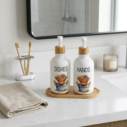 2Pcs Highland Cow Soap Dispensers with Tray, Farmhouse Cow Floral Plastic Dispenser with Bamboo Elements and Pump, Refillable Liquid Dish Soap Container for Bathroom and Kitchen Countertop Decor, Bathroom Accessory, Bathroom Gadgets