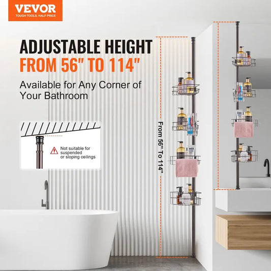 VEVOR Rust-Proof Stainless Steel Height Adjustable Tension Pole Shower Corner Caddy, 56"-114" Height, with Toothbrush Holder, Draining Tray, Innovative Buckle, Non-Slip Reinforced Spring, Easy Installation, Durable Shower Organizer, Bathroom Storage Rack