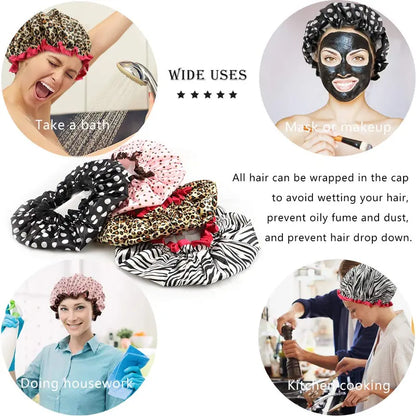 Women's Reusable Shower Caps (4-Pack), Double-Layer Waterproof Bath Hats with Assorted Patterns, Breathable Synthetic Fabric, Elastic 28cm Diameter, No Elastic Marks, for Spa & Cooking, Diameter About 28Cm