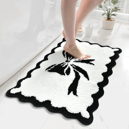 Pink and White Scalloped Edge Microfiber Pet Bath Mat - 18x25 in Rubber Slip-Resistant Bathroom Rug, Soft, Super Absorbent, Quick Drying, Machine Washable Dog & Cat Training Aid (Bow-Center Mother’s Day Gift)