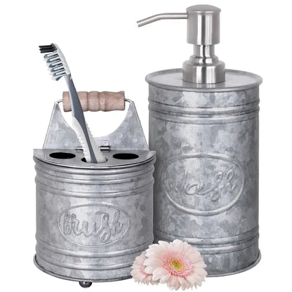 Autumn Alley 2-Piece Galvanized Rustic Bathroom Accessory Set with Soap Dispenser, Toothbrush Brush Holder - Farmhouse Bathroom Accessories Household Bathroom Gadget Bathroom Decor Supplies