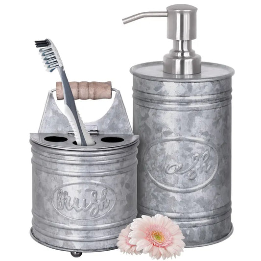 Autumn Alley 2-Piece Galvanized Rustic Bathroom Accessory Set with Soap Dispenser, Toothbrush Brush Holder - Farmhouse Bathroom Accessories Household Bathroom Gadget Bathroom Decor Supplies