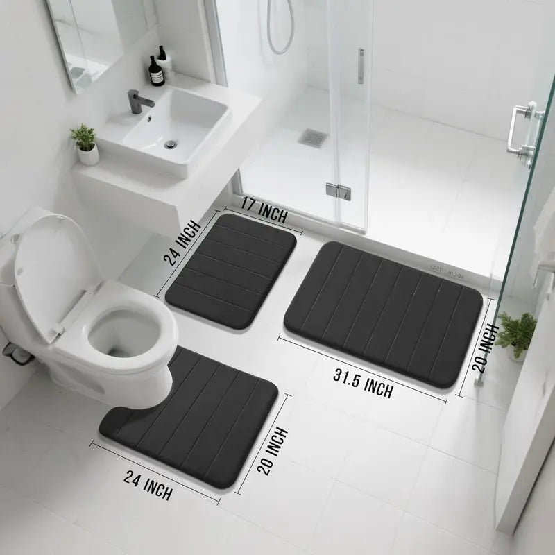 3 Piece Luxury Memory Foam Bath Mat Set, Super Soft Absorbent Quick Dry Bathroom Rugs, Non Slip Machine Washable Floor Carpet for Bathtub, Shower, Vanity & Toilet Base