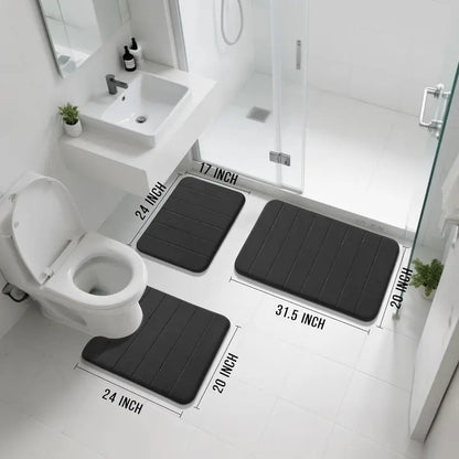 3 Piece Luxury Memory Foam Bath Mat Set, Super Soft Absorbent Quick Dry Bathroom Rugs, Non Slip Machine Washable Floor Carpet for Bathtub, Shower, Vanity & Toilet Base
