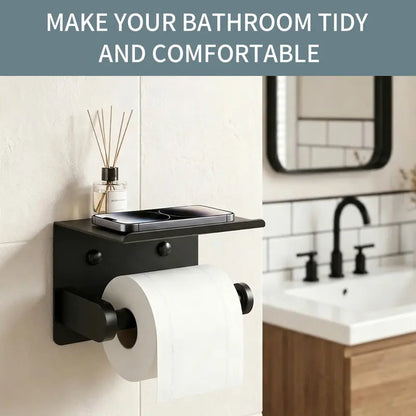 DGAPHRO Black Toilet Paper Holder with Shelf Rustproof Stainless Steel, Adhesive or Screw Wall Mount for Easy Installation, Toilet Tissue Holder for Bathroom,Washroom, Kitchen,RV.
