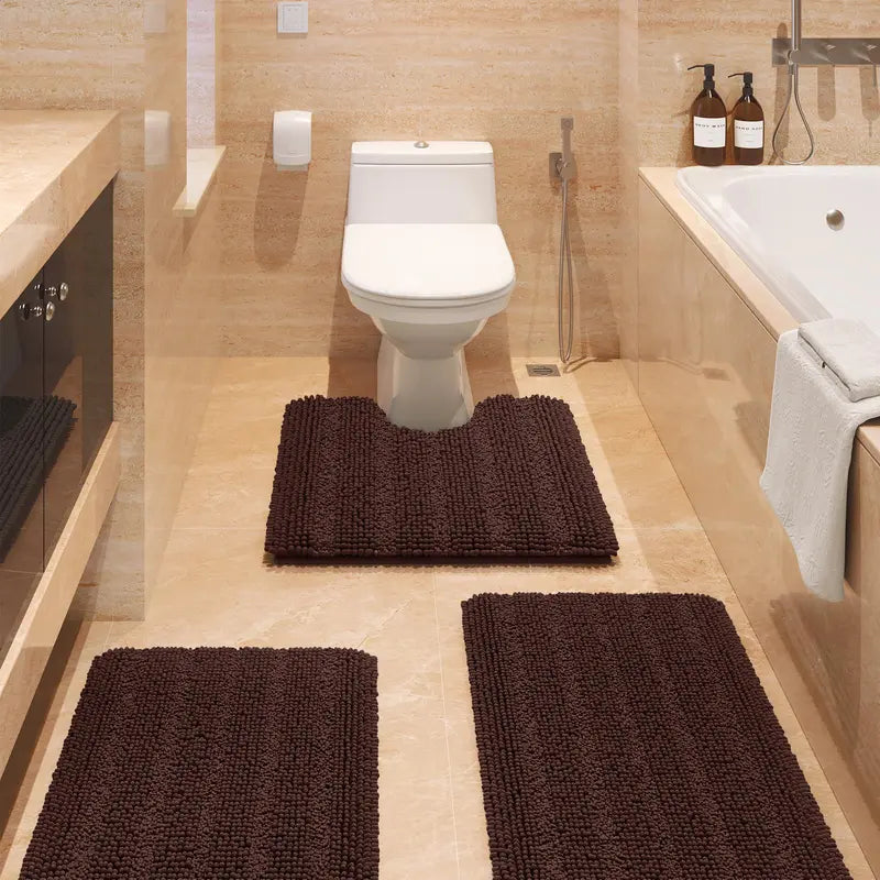 Comfydew Striped 3-Piece Non-Slip Chenille Bathroom Rug Set, Non-Slip PVC Backing Adds Safety, Ultra Soft Deep Pile Soak Absorbent Shaggy Mats for Bathroom Floor, Bedroom