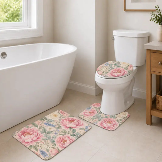 3-Piece Bathroom Rugs Set - Classic French Country Vintage Peony Polyester Bath Decor, Soft Absorbent Non-Slip Machine Washable Bath Mat, U-Shape Toilet Mat, Lid Cover, Customizable Blush Pink Mother's Day Gift Option, Toilet Mats For Bathroom