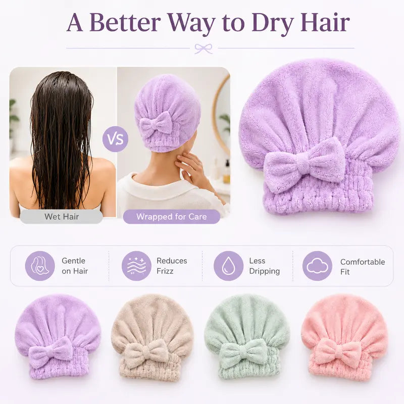 Soft Microfiber Hair Drying Cap for Women – Quick-Dry, Frizz-Free, Elastic Turban with Cute Bow, 4 Color Options for Spa, Shower & Hair Care Routine