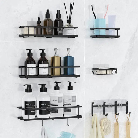 6-Pack Shower Caddy Bathroom Organizers and Storage Shelves, Rustproof Stainless Steel Shower Caddy with Hooks & Soap Dish, No Drilling Wall Mounted Storage Baskets for Bathroom, Kitchen & Toilet, Black