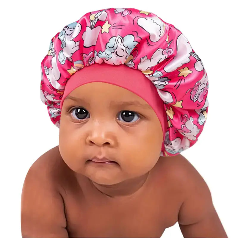 Child's Silk-Like Satin Sleep Bonnet - Snug Fit Hair Care Cover for Sleep & Bath, Soft Printed Reusable Breathable Sport Rainwear-Compatible Accessory