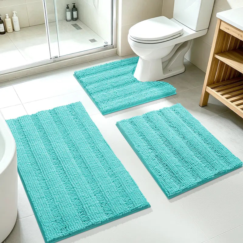 ACCUMTEK 3-Piece Soft Striped Rectangle Chenille Bathroom Rug Set - Stays Put PVC Grip, Absorbent, Plush Texture Shaggy Weave, Machine Washable for Easy Upkeep, Bathroom Accessory, High Pile