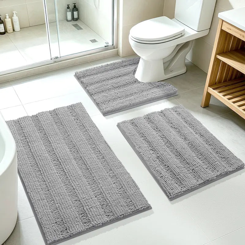 ACCUMTEK 3-Piece Soft Striped Rectangle Chenille Bathroom Rug Set - Stays Put PVC Grip, Absorbent, Plush Texture Shaggy Weave, Machine Washable for Easy Upkeep, Bathroom Accessory, High Pile