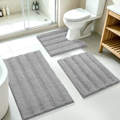 ACCUMTEK 3-Piece Soft Striped Rectangle Chenille Bathroom Rug Set - Stays Put PVC Grip, Absorbent, Plush Texture Shaggy Weave, Machine Washable for Easy Upkeep, Bathroom Accessory, High Pile