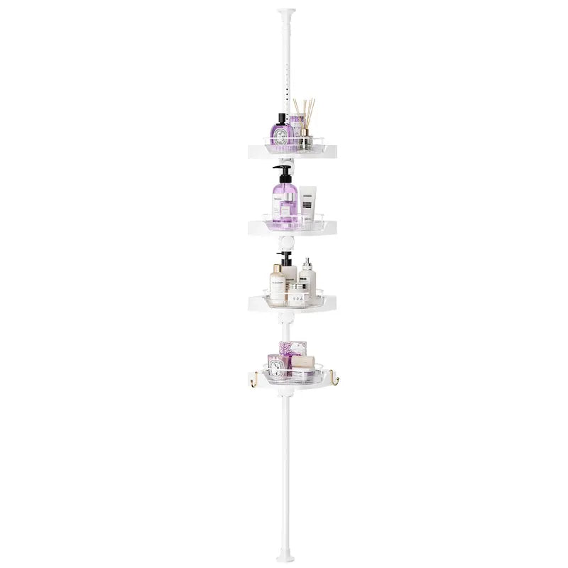MAONAME 360° Rotating Corner Shower Caddy Tension Pole Organizer - Modern Bathroom Accessory, 4-Tier Adjustable Rustproof Metal Pole, Plastic Shelves with Safety Guardrail, Drainage Keeps Shelves Drier for Organizing Bathroom