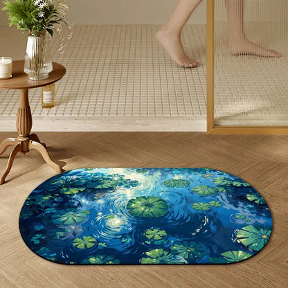 Monet Style Water Lily Pond & Ripple Absorbent Diatomaceous Earth Oval Bath Mat Non Slip Rubber Backed Fast Dry Shower Mat Thin Bathroom Rugs Floor Mat