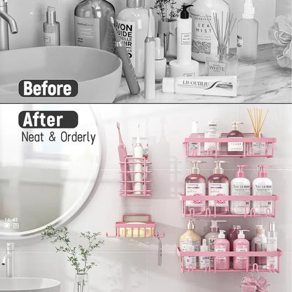 5-Pack Self-Adhesive Stainless Steel Shower Organiser Caddy Set - Bathroom Accessory Set, No-Drilling Multi-Piece Modern Rust-Resistant Steel Shelves for Shampoo, Body Wash