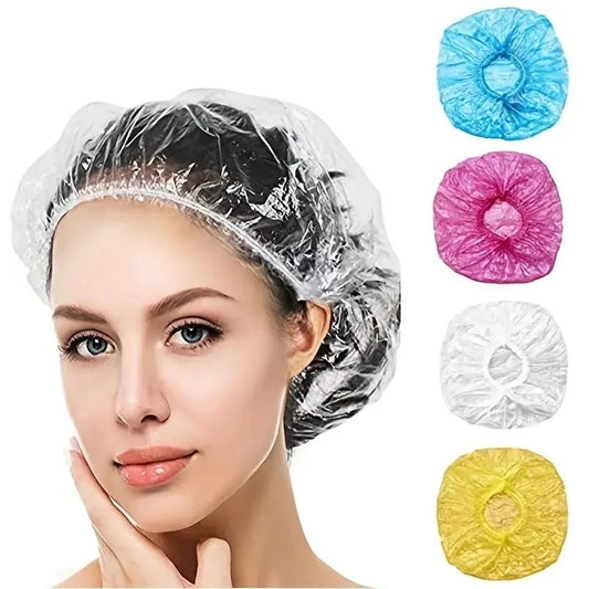 100pcs Disposable Shower Caps, Plastic Elastic Bath Caps, Waterproof Shower Hair Cover, Home Goods, Bathroom, Shower Essentials, Shower Cap Set