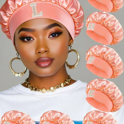 1Pc A - Z Letter Women's Peach Pink Satin Hair Bonnet, Hair Cap, Luxury Shiny Comfortable Head Cover, Hat, Suitable For Daily Hair Care, Home Washing, Nighttime Grooming,SPA Treatments, Home Office