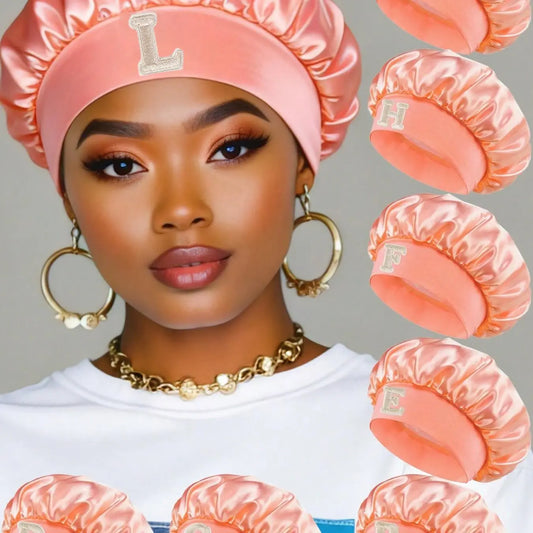 1Pc A - Z Letter Women's Peach Pink Satin Hair Bonnet, Hair Cap, Luxury Shiny Comfortable Head Cover, Hat, Suitable For Daily Hair Care, Home Washing, Nighttime Grooming,SPA Treatments, Home Office