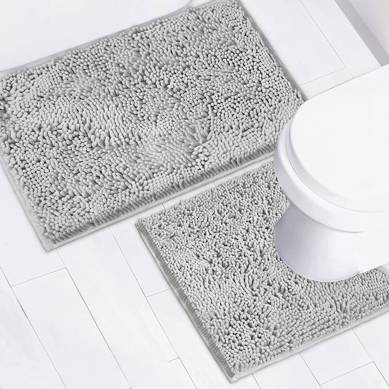 Light Gray Bathroom Mat Set (2-Piece), Synthetic Dense Pile, Super Water Absorbent Quick Dry, Sturdy PVC Base, Non-Slip, Machine Washable, Rectangle for Bathtubs