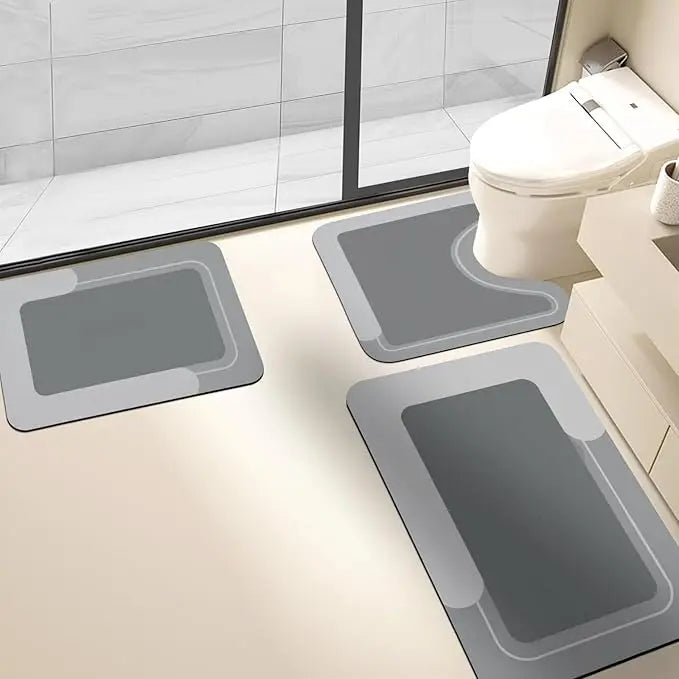 Housego 3PCS Diatomite Bath Mat Set - Absorbent, Quick Drying, Anti-Slip Rubber Backed, Soft Comfortable, Easy Clean for Bathtub, Sink, Kitchen - Fiber-Free, Fast Water Soak, Machine Washable, Silicone Black