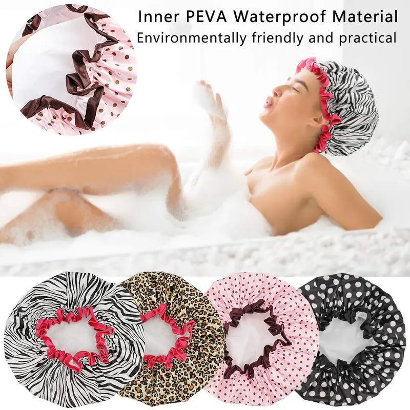 Women's Reusable Shower Caps (4-Pack), Double-Layer Waterproof Bath Hats with Assorted Patterns, Breathable Synthetic Fabric, Elastic 28cm Diameter, No Elastic Marks, for Spa & Cooking, Diameter About 28Cm