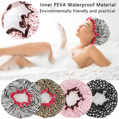 Women's Reusable Shower Caps (4-Pack), Double-Layer Waterproof Bath Hats with Assorted Patterns, Breathable Synthetic Fabric, Elastic 28cm Diameter, No Elastic Marks, for Spa & Cooking, Diameter About 28Cm