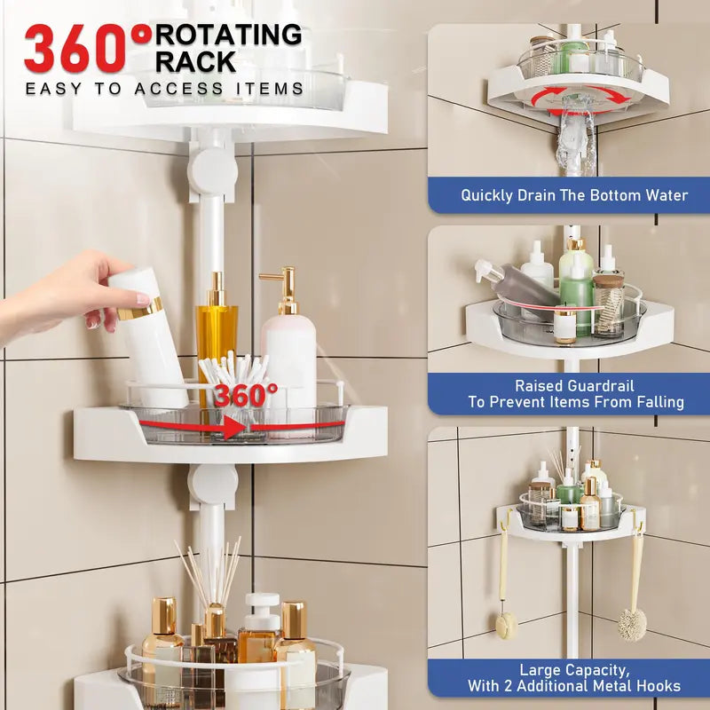 MAONAME 360° Rotating Corner Shower Caddy Tension Pole Organizer - Modern Bathroom Accessory, 4-Tier Adjustable Rustproof Metal Pole, Plastic Shelves with Safety Guardrail, Drainage Keeps Shelves Drier for Organizing Bathroom