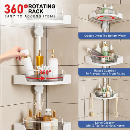 MAONAME 360° Rotating Corner Shower Caddy Tension Pole Organizer - Modern Bathroom Accessory, 4-Tier Adjustable Rustproof Metal Pole, Plastic Shelves with Safety Guardrail, Drainage Keeps Shelves Drier for Organizing Bathroom