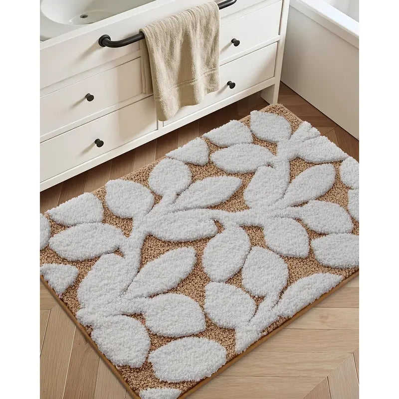 DEXI Traditional Rectangle Bathroom Rug Set - 20x32in Cozy Microfiber Bath Mat with Anti-Slip Pad, Highly Absorbent, Stops Floor Bunching, Durable, Cold-Washable, Easy-Clean, Quick-Dry (Prints: Green Leaf/Pink Flower/Beige)