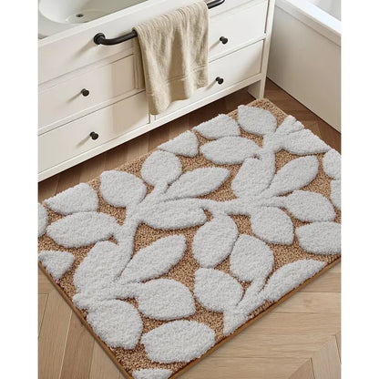 DEXI Traditional Rectangle Bathroom Rug Set - 20x32in Cozy Microfiber Bath Mat with Anti-Slip Pad, Highly Absorbent, Stops Floor Bunching, Durable, Cold-Washable, Easy-Clean, Quick-Dry (Prints: Green Leaf/Pink Flower/Beige)