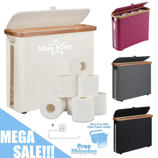 MAYSTAR Toilet Paper Basket, Toilet Paper Storage with Lid, Toilet Paper Organizer for Bathroom, Free Standing Toilet Paper Holder with Storage