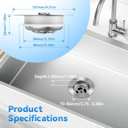 JOMST 3-in-1 Kitchen Sink Drain Strainer Stainless Steel Sink Plug Deodorizing Anti-Clog Basket Strainer for US Standard 3-1/2 Inch Drains 304 Stainless Steel Quality