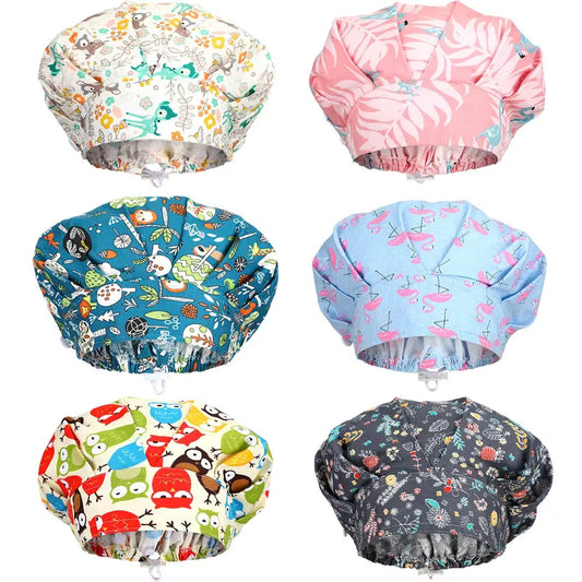 6pcs Unisex Cotton Bouffant Caps - Adjustable, Breathable, Button-Secured, Reusable Elastic Turbans with Printed Scrub Design, Accessory for Automotive Professionals' Car Repair Assembly-Disassembly Tasks, Nursing, Kitchens, Dental Care, Button Secure