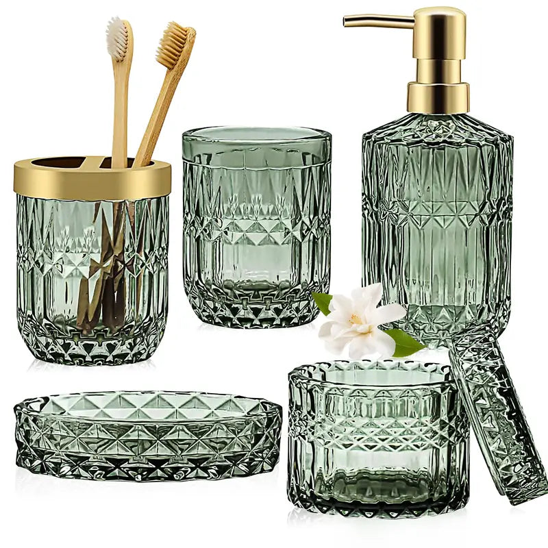 5-Pcs Green Glass Bath Accessory Kit - Vanity Countertop Organizer with Hand Soap Dispenser, Soap Dish, Toothbrush Holder, Jar, Bathroom Decoration Accessories, Vanity Decor, Green Cozy Ambiance, Mother's Day Housewarming Gift Set