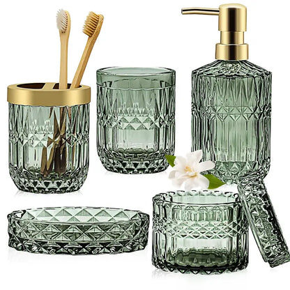 5-Pcs Green Glass Bath Accessory Kit - Vanity Countertop Organizer with Hand Soap Dispenser, Soap Dish, Toothbrush Holder, Jar, Bathroom Decoration Accessories, Vanity Decor, Green Cozy Ambiance, Mother's Day Housewarming Gift Set