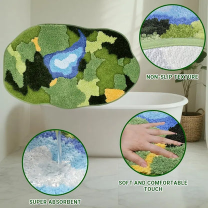 Vandleonet 3D Moss Green Microfiber Bath Mat - 32x20 in Tufted, Thick Texture, Absorbent, Quick-Dry, Plush Shaggy Fluffy, Non-Slip Backing, Cold-Wash Rustic Home Supplies for Shower Safety, Indoors, Office Decor