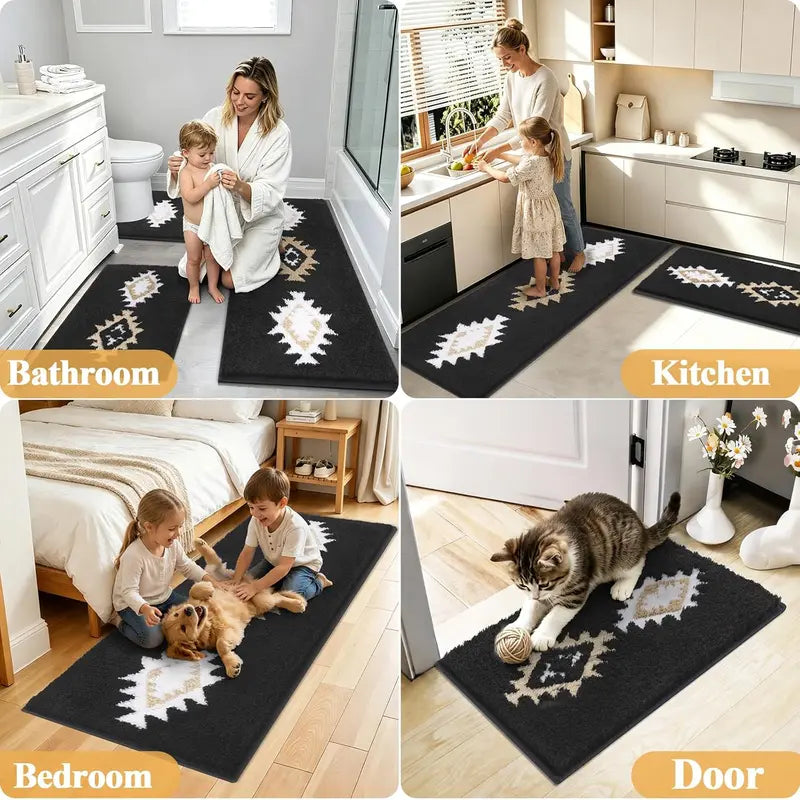 [SeptemberStockUp] HEBE Boho 3-Piece Washable Shaggy Bath Rugs Set, Non-Slip Stays Put Grip Absorbent Microfiber Mats with U-Shaped Contour Toilet Rug, Traditional Look Aztec Western Carpet for Tub/Shower Indoor Areas