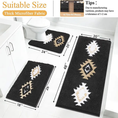 [SeptemberStockUp] HEBE Boho 3-Piece Washable Shaggy Bath Rugs Set, Non-Slip Stays Put Grip Absorbent Microfiber Mats with U-Shaped Contour Toilet Rug, Traditional Look Aztec Western Carpet for Tub/Shower Indoor Areas