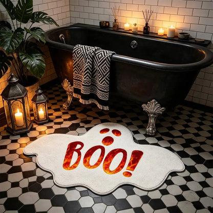 1pc Halloween Bathroom Rug - BOO Flame Letter Cute Ghost Mat, Irregular Shape, Soft and Comfortable Non-Slip Mat, Machine Washable, Halloween Decor Rug, Halloween Gift, Bedroom Bedside Mat, Halloween Atmosphere Home Decor