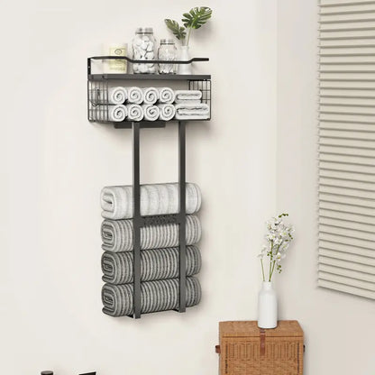 Wall Mounted Towel Rack with Floating Shelf, Black Metal Bathroom Towel Storage Organizer, Holds 6+ Rolled Towels, Multi-Purpose Towel Holder for Small Bathrooms accessories, Spa & Guest Rooms