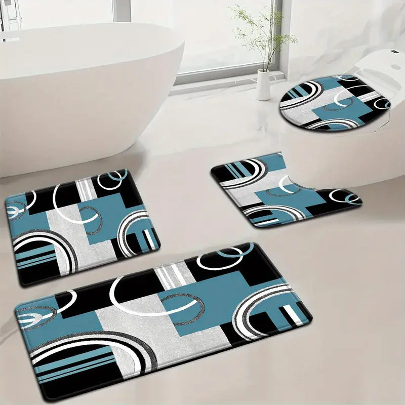 3/4pcs Grey Black White Curved Line Flannel Bathroom Mat Set, Non-Slip Absorbent Bath Rugs, U-Shaped Toilet Cover, Washable Complete Shower Mat Kit