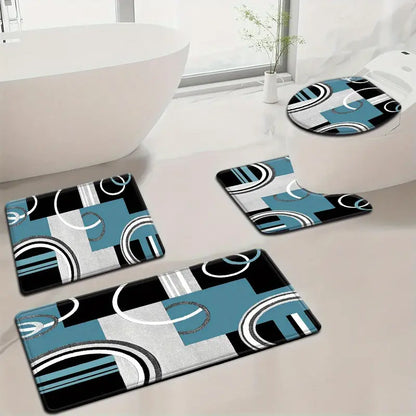 3/4pcs Grey Black White Curved Line Flannel Bathroom Mat Set, Non-Slip Absorbent Bath Rugs, U-Shaped Toilet Cover, Washable Complete Shower Mat Kit
