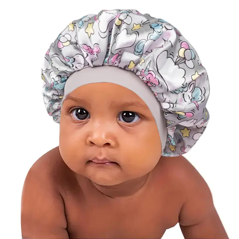 Child's Silk-Like Satin Sleep Bonnet - Snug Fit Hair Care Cover for Sleep & Bath, Soft Printed Reusable Breathable Sport Rainwear-Compatible Accessory