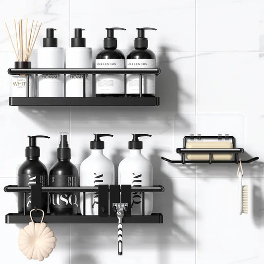Black Wall-Mounted Steel Shower Organizer Rack Set (2pcs/5pc Black), Bathroom Decor with Tempered Glass Removable Floating Shelves, No-Drill Self-Adhesive Baskets, Hollow Drain, Rustproof Lightweight Easy-Clean Home Bathroom Supplies, Different Sizes