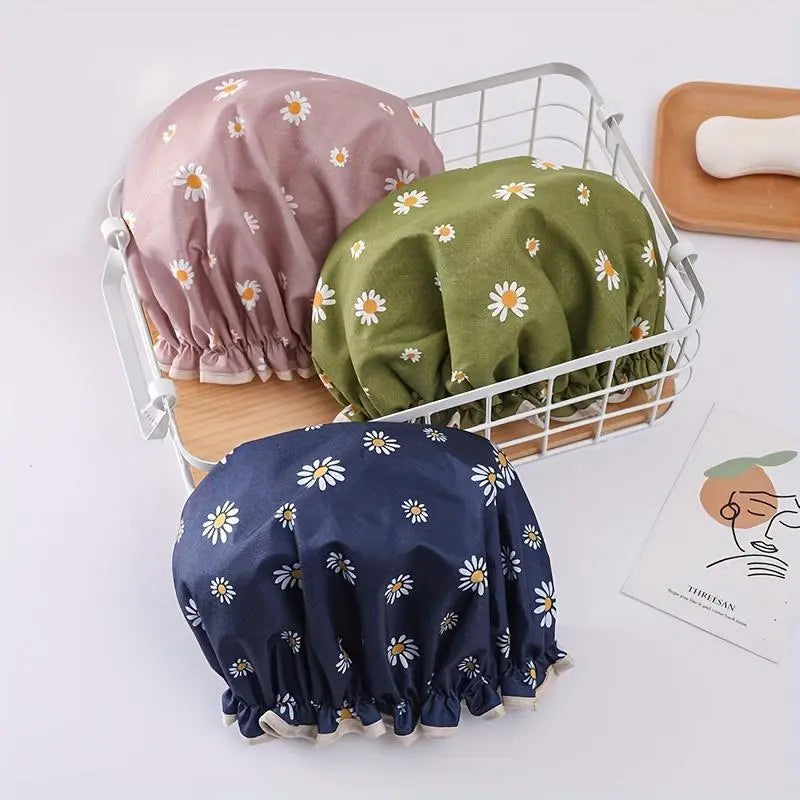 Women's Reusable Double-Layer Floral Shower Cap - Adult, One Size, Adjustable Daisy-Print Bonnet with Elastic Band for Hair Protection, Spa Use