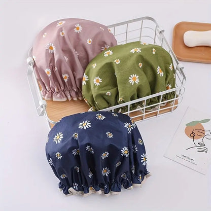 Women's Reusable Double-Layer Floral Shower Cap - Adult, One Size, Adjustable Daisy-Print Bonnet with Elastic Band for Hair Protection, Spa Use